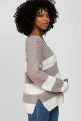 Mocha Striped V-Neck Eyelash Sweater