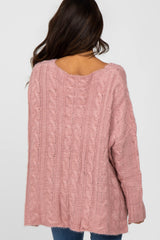 Pink V-Neck Side Slit Cable Knit Sweater