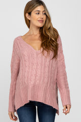 Pink V-Neck Side Slit Cable Knit Maternity Sweater