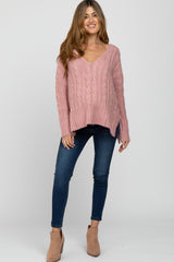 Pink V-Neck Side Slit Cable Knit Maternity Sweater