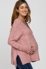 Pink V-Neck Side Slit Cable Knit Maternity Sweater