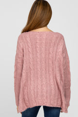 Pink V-Neck Side Slit Cable Knit Maternity Sweater