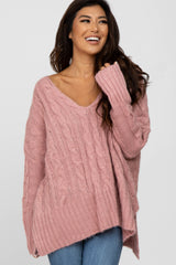 Pink V-Neck Side Slit Cable Knit Maternity Sweater