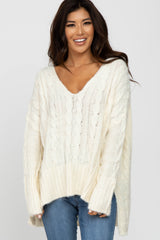 Ivory V-Neck Side Slit Cable Knit Sweater