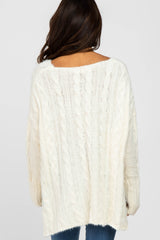 Ivory V-Neck Side Slit Cable Knit Sweater