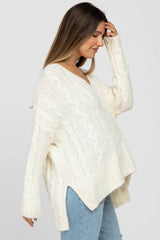 Ivory V-Neck Side Slit Cable Knit Maternity Sweater