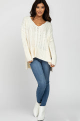 Ivory V-Neck Side Slit Cable Knit Sweater