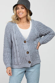 Blue Cable Knit Button Front Maternity Cardigan