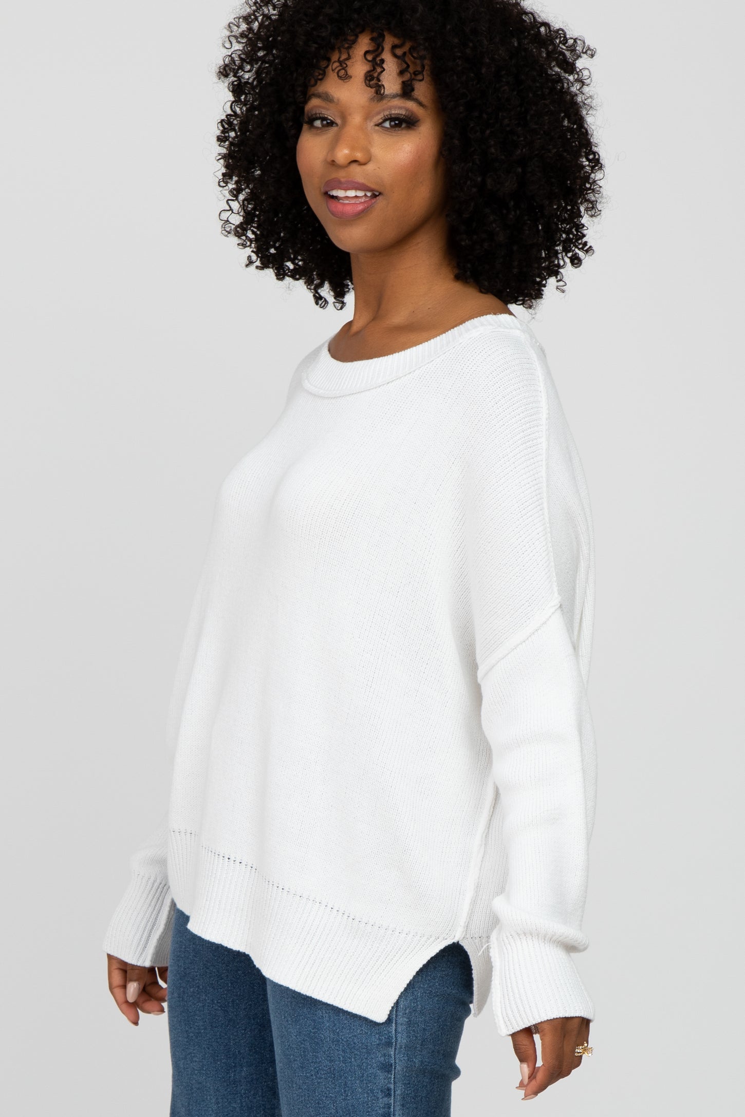 White Exposed Seam Side Slit Sweater– PinkBlush