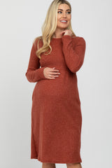 Rust Brushed Ribbed Knit Maternity Dress