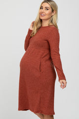 Rust Brushed Ribbed Knit Maternity Dress