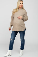 Taupe Mock Neck Side Slit Maternity Sweater