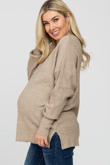 Taupe Mock Neck Side Slit Maternity Sweater