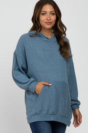 Blue Brushed Ribbed Maternity Hooded Top