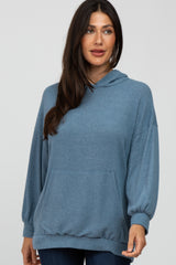 Blue Brushed Ribbed Maternity Hooded Top