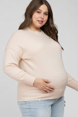 Beige Mock Neck Exposed Seam Maternity Plus Sweater