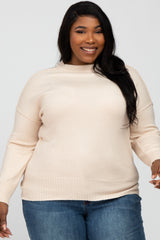 Beige Mock Neck Exposed Seam Maternity Plus Sweater