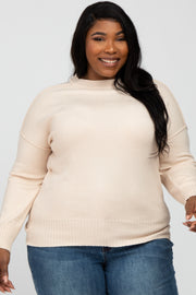 Beige Mock Neck Exposed Seam Plus Sweater