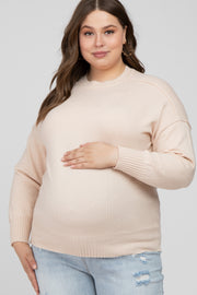 Beige Mock Neck Exposed Seam Maternity Plus Sweater