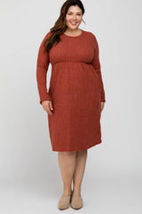 Rust Brushed Ribbed Knit Plus Dress