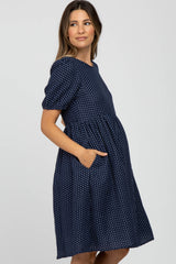 Navy Blue Square Dot Puff Sleeve Babydoll Maternity Dress