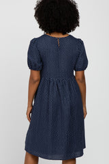 Navy Blue Square Dot Puff Sleeve Babydoll Dress