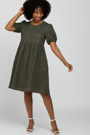 Olive Square Dot Puff Sleeve Babydoll Dress