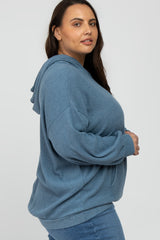 Blue Brushed Ribbed Plus Hooded Top