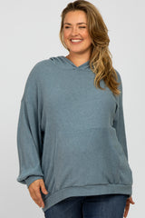 Blue Brushed Ribbed Maternity Plus Hooded Top