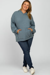 Blue Brushed Ribbed Maternity Plus Hooded Top