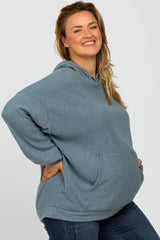 Blue Brushed Ribbed Maternity Plus Hooded Top