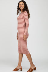 Pink Ribbed Striped Midi Dress