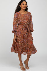 Rust Floral Long Sleeve Midi Dress