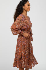 Rust Floral Long Sleeve Midi Dress