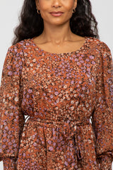 Rust Floral Long Sleeve Midi Dress