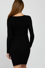 Black Fitted Ribbed Knit Maternity Dress