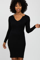 Black Fitted Ribbed Knit Dress