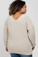 Beige Chenille Knit V-Neck Maternity Plus Sweater