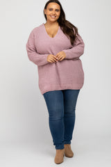 Mauve Chenille Knit V-Neck Plus Sweater