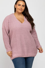 Mauve Chenille Knit V-Neck Plus Sweater