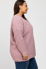 Mauve Chenille Knit V-Neck Plus Sweater