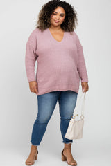 Mauve Chenille Knit V-Neck Maternity Plus Sweater