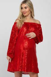 Red Sequin Off Shoulder Maternity Dress