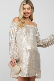 Light Taupe Sequin Off Shoulder Maternity Dress