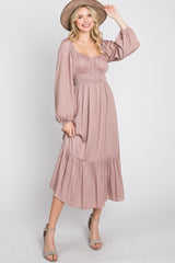 Mauve Satin Ruched Sweetheart Neck Midi Dress