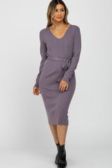 Lavender Ribbed Knit Waist Tie Midi Dress