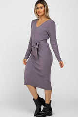 Lavender Ribbed Knit Waist Tie Midi Dress