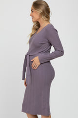 Lavender Ribbed Knit Waist Tie Maternity Midi Dress