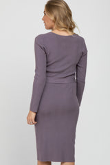 Lavender Ribbed Knit Waist Tie Maternity Midi Dress