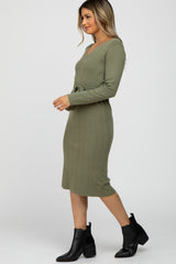 Light Olive Ribbed Knit Waist Tie Midi Dress